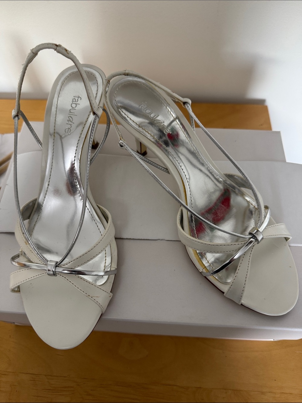 Fabulare Ivory Slingback Sandals with Silver Trim